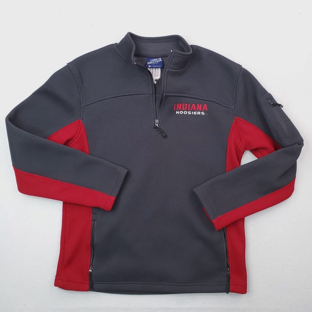 Indiana Hoosiers Jacket Mens Medium Gray Red Quarter Zip Fleece Pullover Heavy